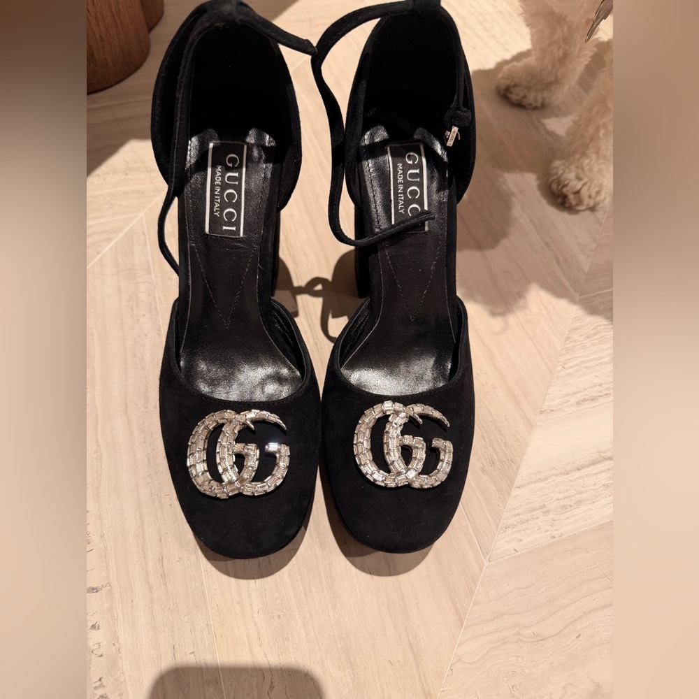Gucci Black Suede Platform Heels with Crystal GG Logo